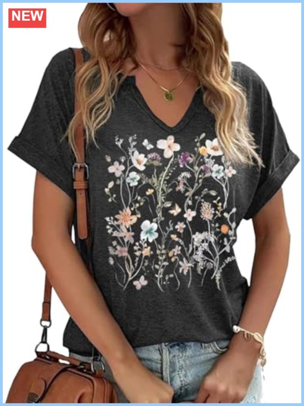 Womens Vintage Floral V Neck Cap Sleeve T Shirt Loose Fit Cotton Blend Tee